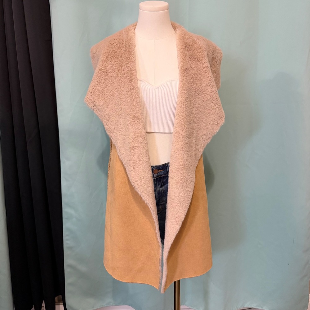 Twelfth Love Faux Suede Fur Lined Knit Back Vest Tan Medium Boho Western Vest